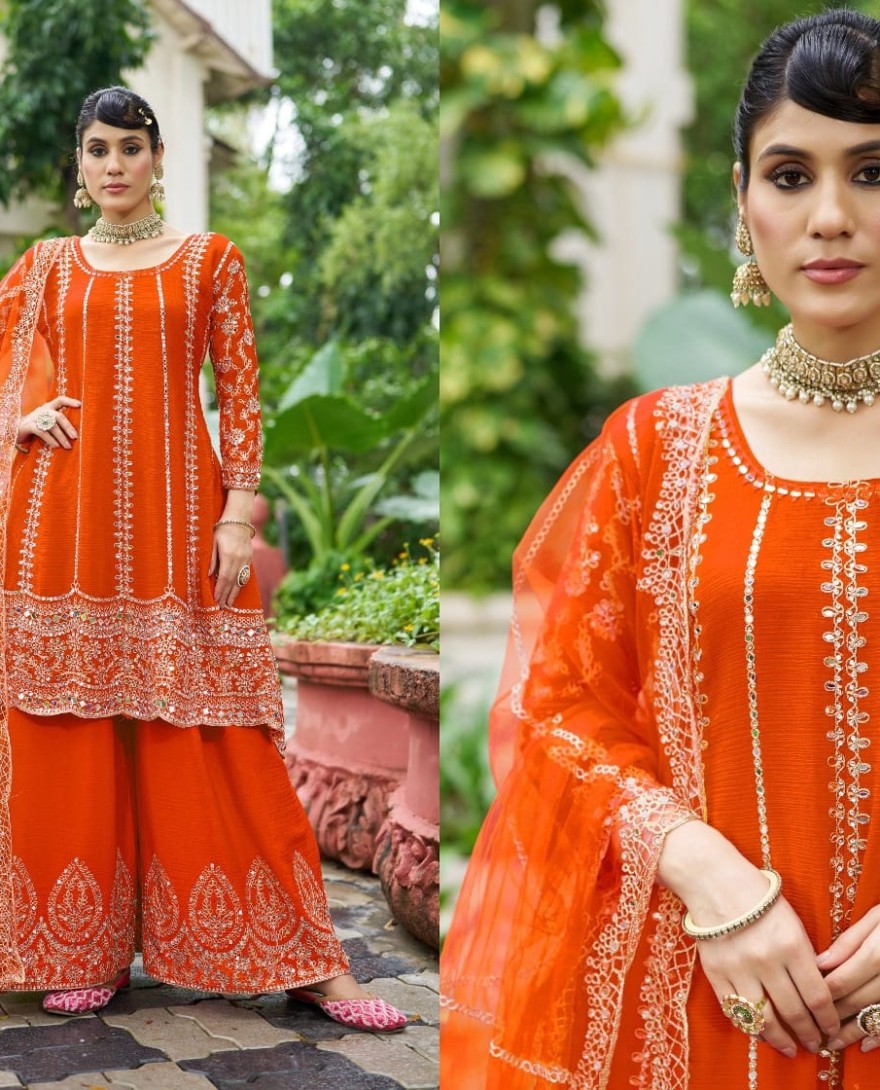 ORANGE - Scintillating Orange Chinon Palazzo Salwar Suit